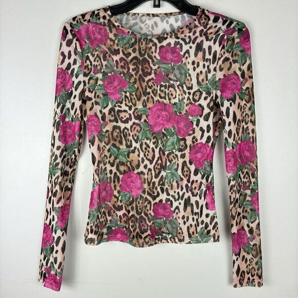 Womens Mixed Print Mesh Sheer Long Sleeve Top Sz S Animal Print Rose Party Rave - Picture 1 of 7